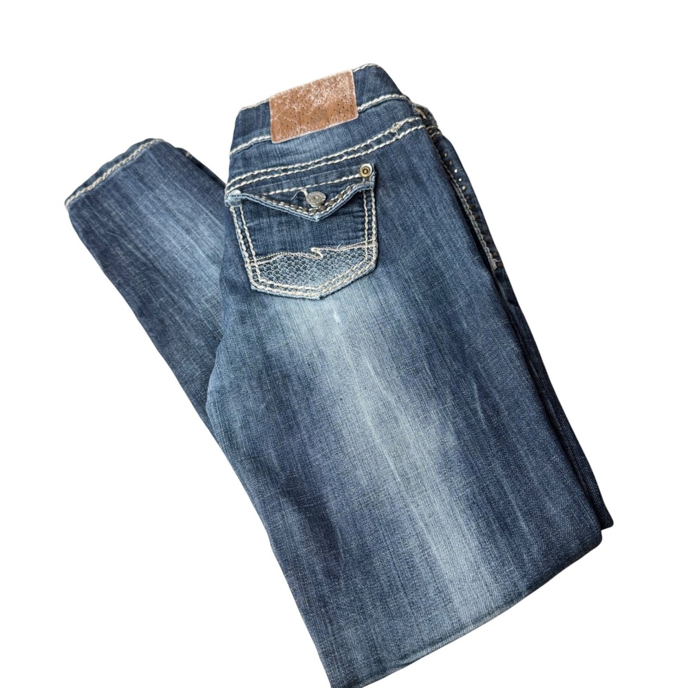 Almost Famous Skinny Jeans Women 3 Blue Distressed Rhinestone Y2K Low  Rise Edgy